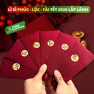   Phúc - Lộc- Tài  Bao lì xì màu đỏ cao cấp chất liệu giấy phủ nhũ lấp lánh Phúc - Lộc - Tài Tết Bính Ngọ 2026 may mắn 