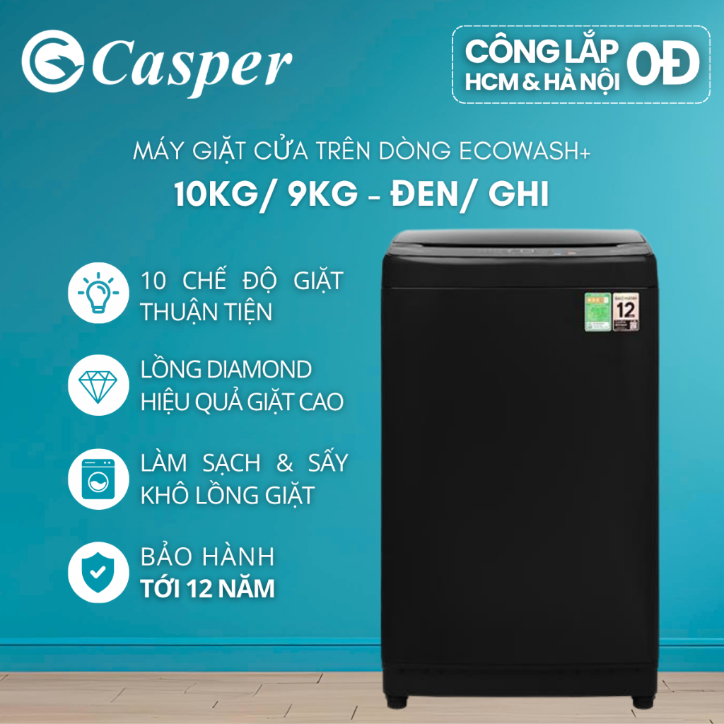 [Công lắp 0Đ HCM/ HN] Máy giặt cửa trên Casper 9KG/ 10KG Đen/ Ghi - WT-9NB3 | WT-10NB3 | WT-E10NGR21