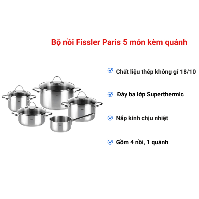 [FISSLER] Bộ Nồi Đức Fissler Paris 5 Món, Bộ Nồi Fissler, Made In Germany, BH 12 Tháng