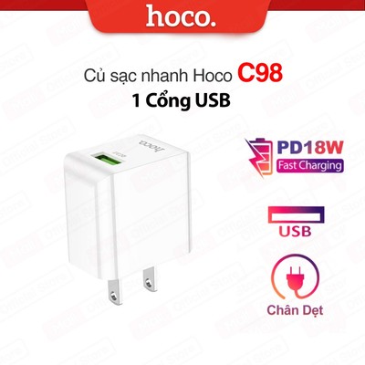 Củ sạc nhanh Hoco C98 PD18W - 1 cổng USB phù hợp với nhiều thiết bị,chất liệu PC cao cấp ,chân dẹt