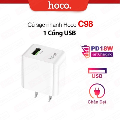 Củ sạc nhanh Hoco C98 PD18W - 1 cổng USB chất liệu PC cao cấp ,phù hợp với nhiều thiết bị,  chân dẹt