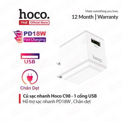 Củ sạc nhanh PD18W Hoco C98 - 1 cổng USB chất liệu PC cao cấp ,phù hợp với nhiều thiết bị,  chân dẹt