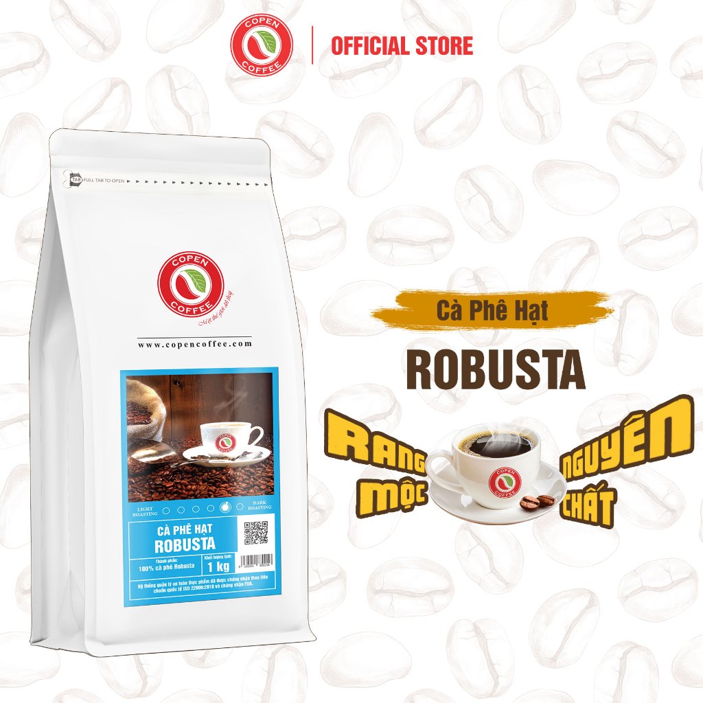 Cà phê hạt Robusta gói 1kg (ST túi zip) - Rang mộc - Đắng đậm - Pha máy/pha phin - Copen Coffee