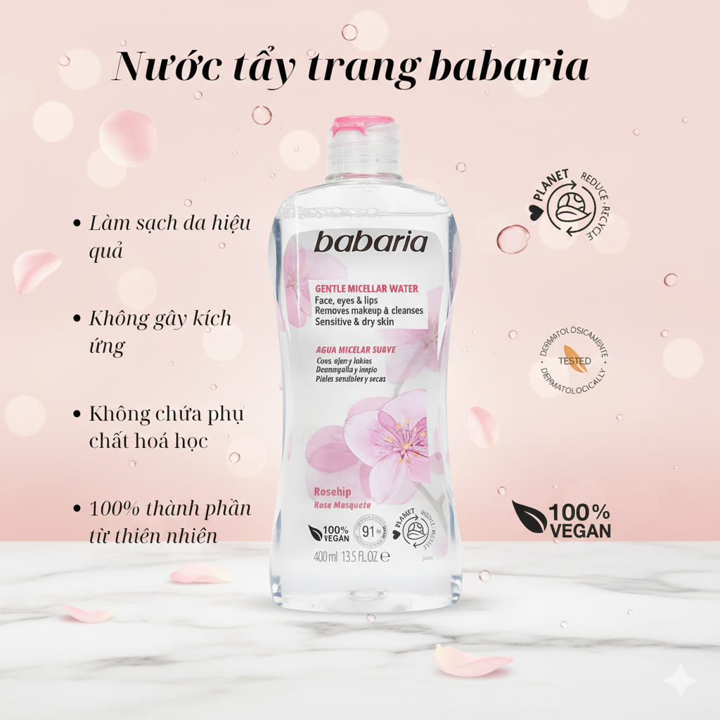 Nước tẩy trang dành cho mọi loại da Babaria Micellar Water 400ml - NPP chính hãng