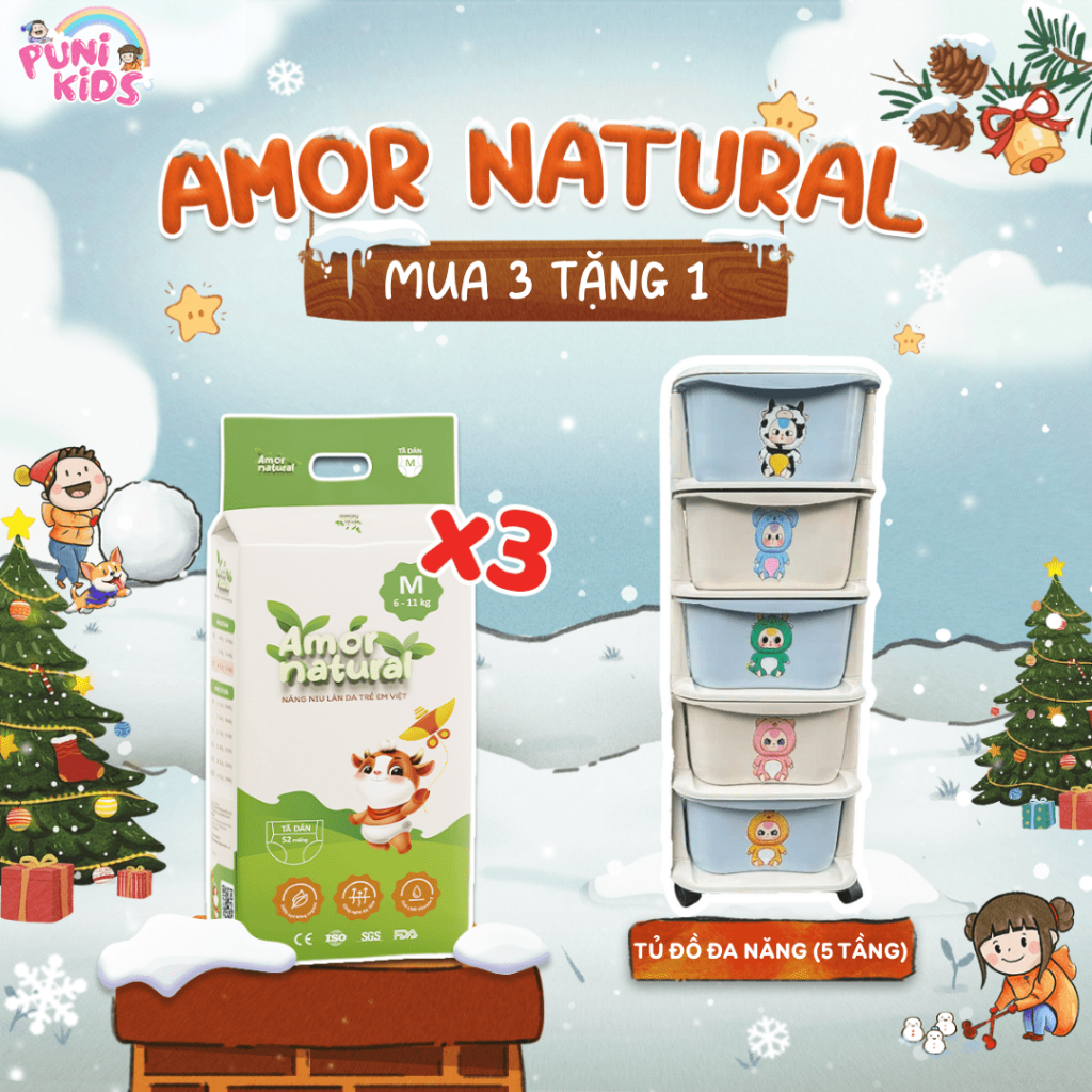 [3A] [TẶNG TỦ ĐỒ ĐA NĂNG 5 TẦNG] COMBO 03 BỊCH TÃ BỈM AMOR NATURAL dán/quần,Bỉm Việt mỏng nhẹ,thấm tốt,đủ size NB-4XL