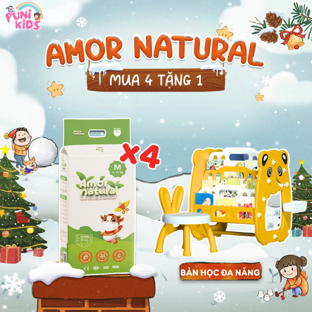 [4A] [TẶNG BÀN HỌC ĐA NĂNG CHO BÉ] COMBO 04 BỊCH TÃ BỈM AMOR NATURAL dán/quần,Bỉm Việt mỏng nhẹ,thấm tốt,đủ size NB-4XL
