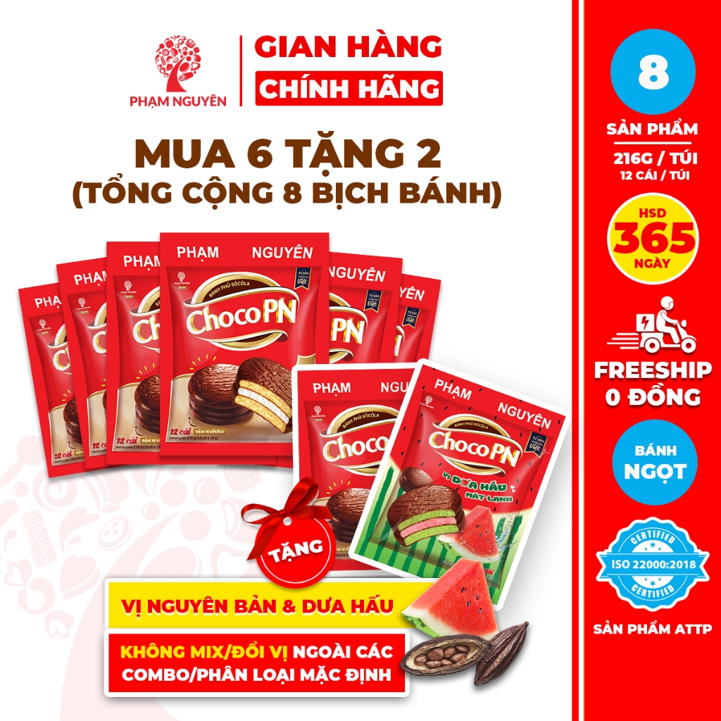   MUA 6 TẶNG 2  Tổng cộng 8 Bịch Bánh phủ socola Choco PN Phạm Nguyên - Thương Hiệu Việt 216g | Đồ ăn vặt 