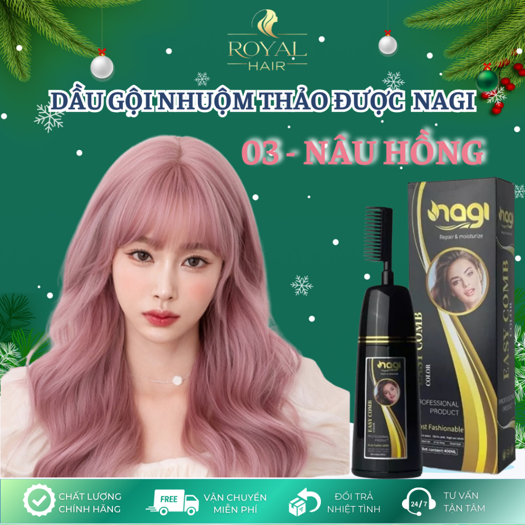 Dầu gội nhuộm tóc màu NÂU HỒNG 03 chiết xuất từ thiên nhiên chai 400ml - Dầu gội Nagi  Nagi PINK BRO