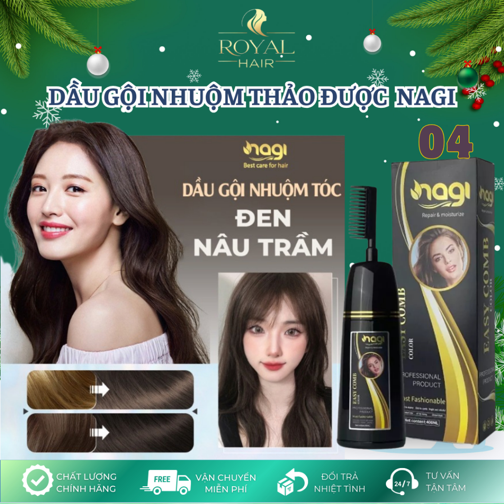 Dầu gội nhuộm tóc thảo dược màu ĐEN NÂU TRẦM DARK BROWN 04 chai 400ml dầu gội Nagi