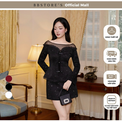 [BBSTORE'S] Set Tiệc Tweed Kim Sa Váy A Ngắn Áo Peplum Tay Dài Kết Nơ Phối Đá - K4596T