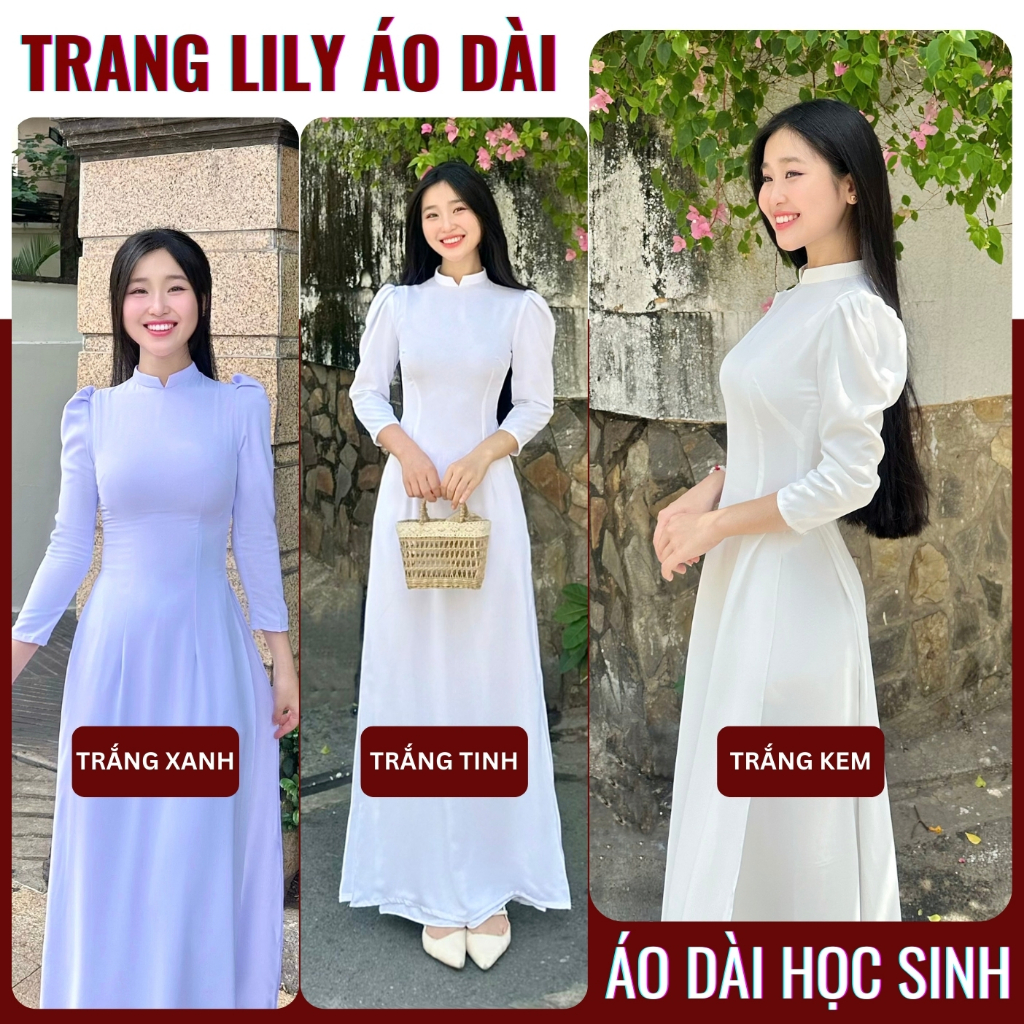Áo dài trắng học sinh, vai bồng, tay phồng lỡ, lụa Mỹ cao cấp, đồng phục học sinh cấp 3 - Trang Lily Áo Dài