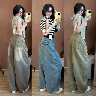 Quần jeans ống cong form rộng nam nữ phong cách bom màu wash retro Back To School Quần Đi Học Đi Làm