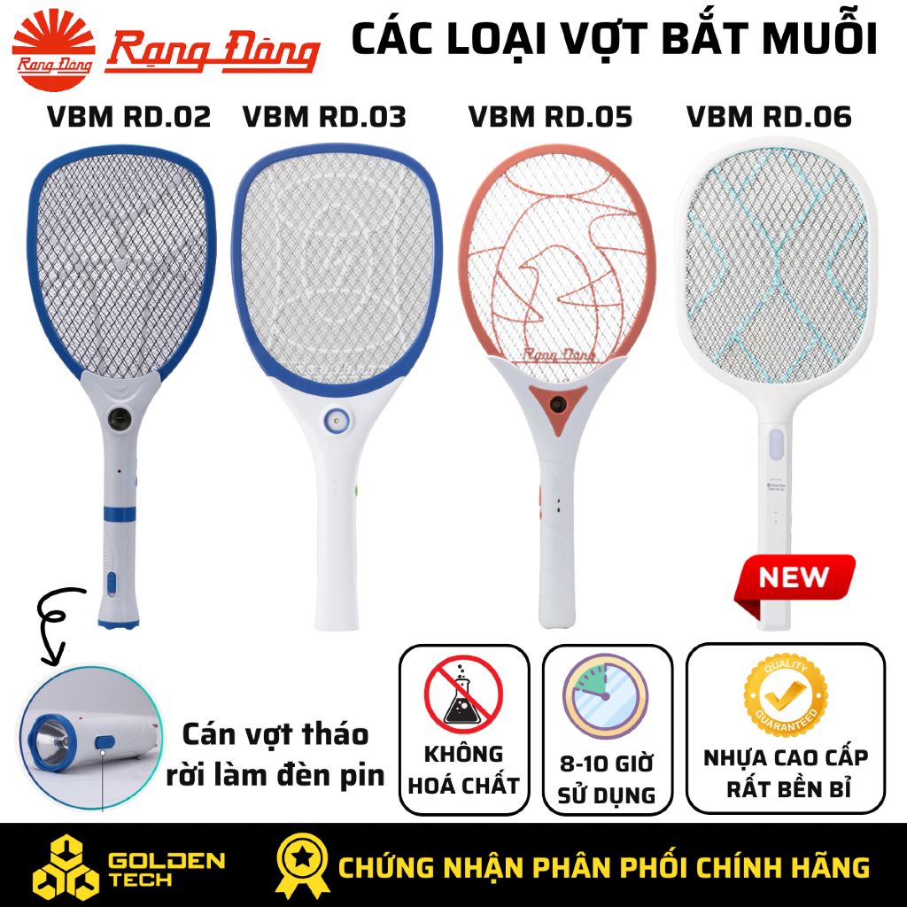 Vợt bắt muỗi Rạng Đông diệt muỗi có đèn báo sạc, Không hoá chất, Nhựa cao cấp, Tuổi thọ cao VBM