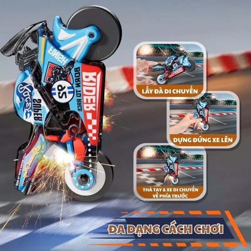 Đồ chơi xe moto chạy đà quán tính phát ra tia lửa, đồ chơi móc khóa cho trẻ em