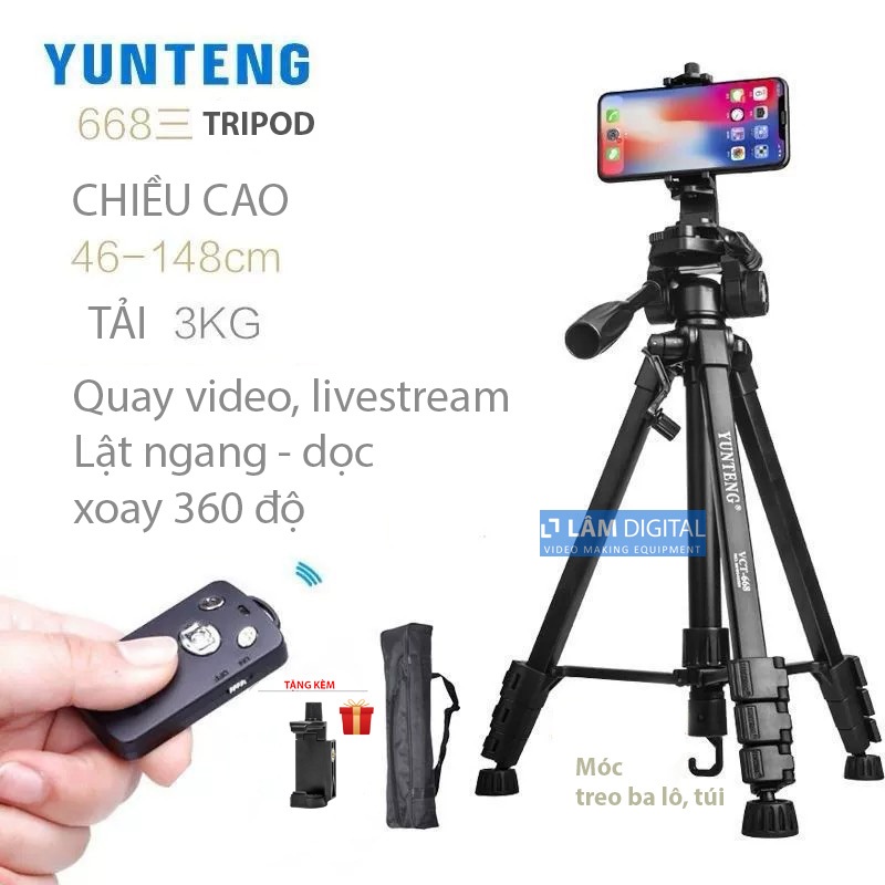 Chân Máy Ảnh, điện thoại Tripod YUNTENG VCT-668 (phiên bản 2026, tặng remote Yunteng)