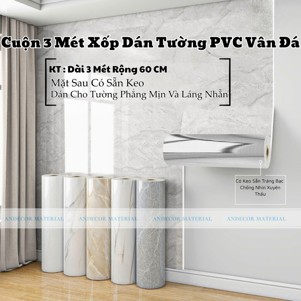 cuộn xốp dạng pvc dán tường, kích thước dài 3m rộng 60 cm, mặt sau có sẵn keo dán cho tường phẳng mịn và láng nhẵn