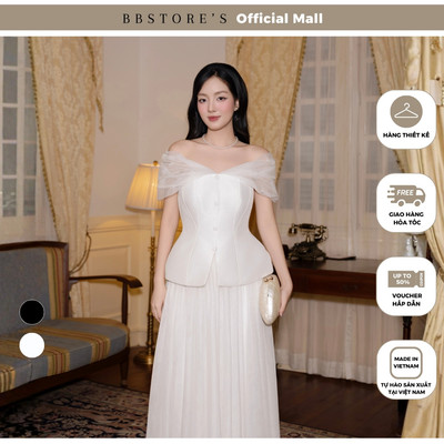 BBSTORE'S Áo Kiểu Tiệc Peplum Cúp Ngực Tafta Xược Vai Phối Lưới Kết Ngọc Trai - A4593A