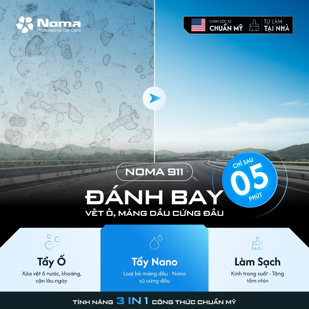 Dung Dịch Tẩy Ố Kính & Phủ Nano NOMA 911 – Chống Bám Nước, Giảm Lóa Mưa – Chai Pad Cọ Tiện