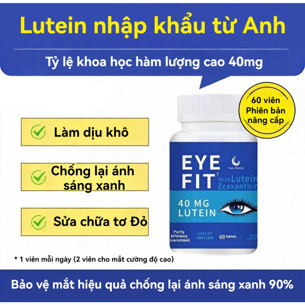 【Giao ngay】Lutein Anh Quốc Nhập Khẩu - Dạng Tự Do, 40mg Cao Cấp, 60 Viên Cho Mắt Sáng Khỏe