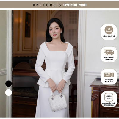 BBSTORE'S Áo Kiểu Tiệc Tay Dài Eo Phối Nơ Chất Carolan Cổ Vuông Dáng Áo Peplum - A4586B