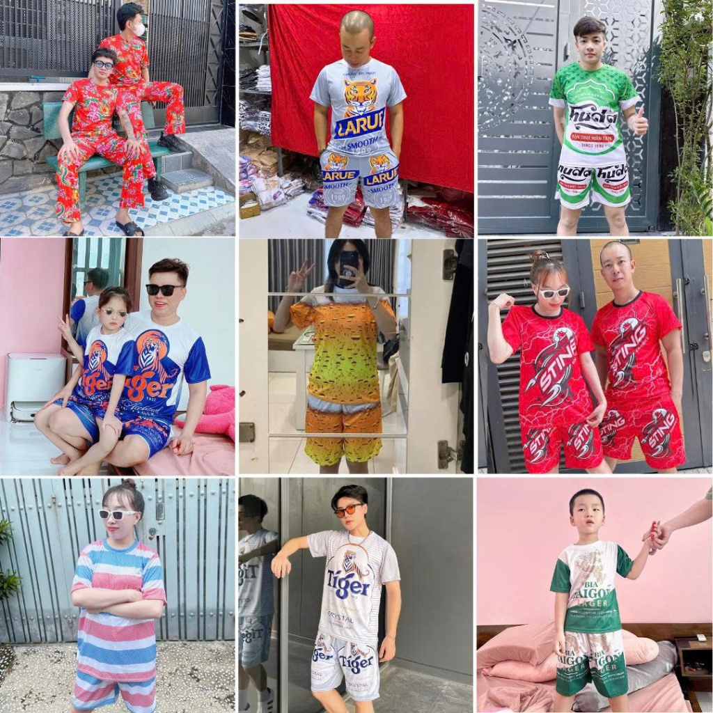 đồ bộ bia tiger, kẹn bạc, sài gòn, huda, larue, sting ,phông bạt, con công đỏ mặc nhóm gia đình đủ size 10-100kg K1