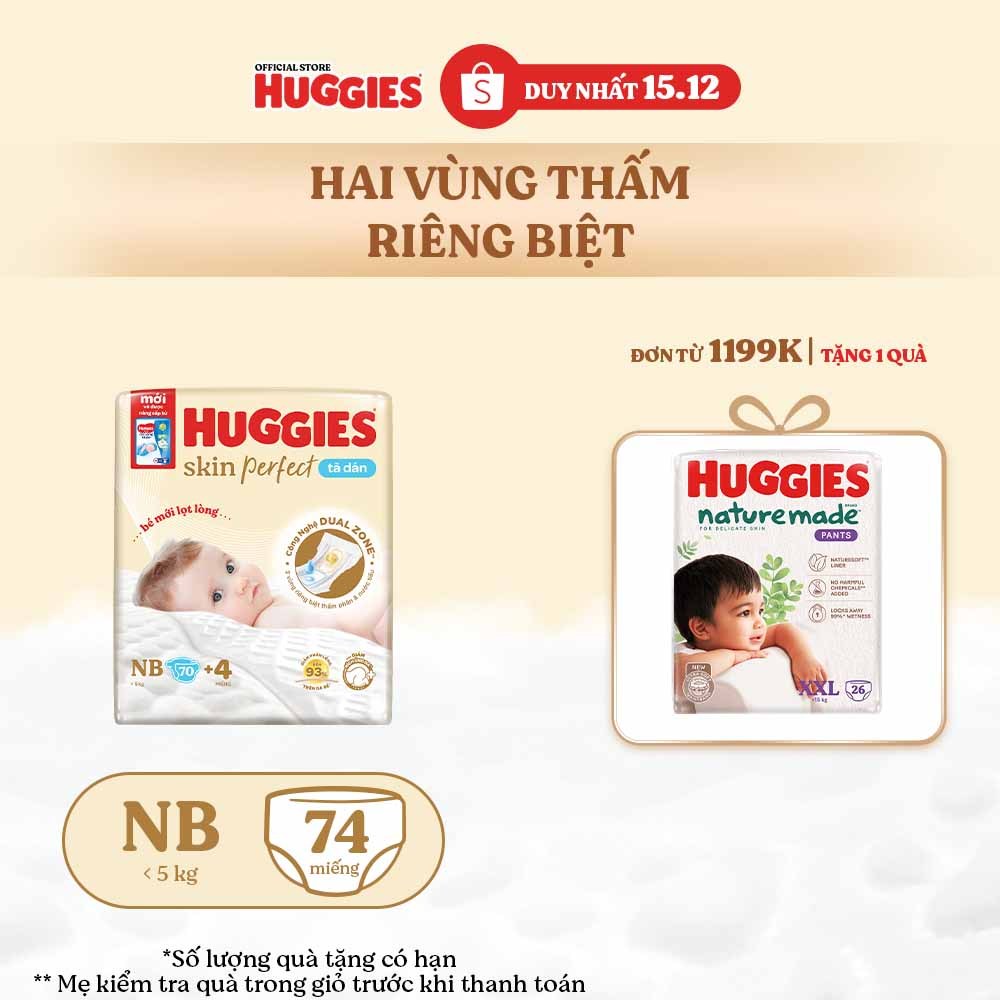 Tã Dán Huggies Skin Perfect NB70+4 miếng Hai Vùng Thấm Riêng Biệt