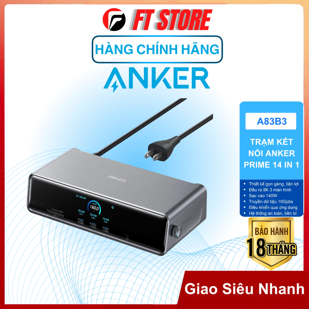 Trạm Sạc Anker Prime A83B3 (DL7400) 14in1 Hỗ Trợ 3 Màn Hình, Độ Phân Giải 8K, Công Suất Mạnh Mẽ 140W