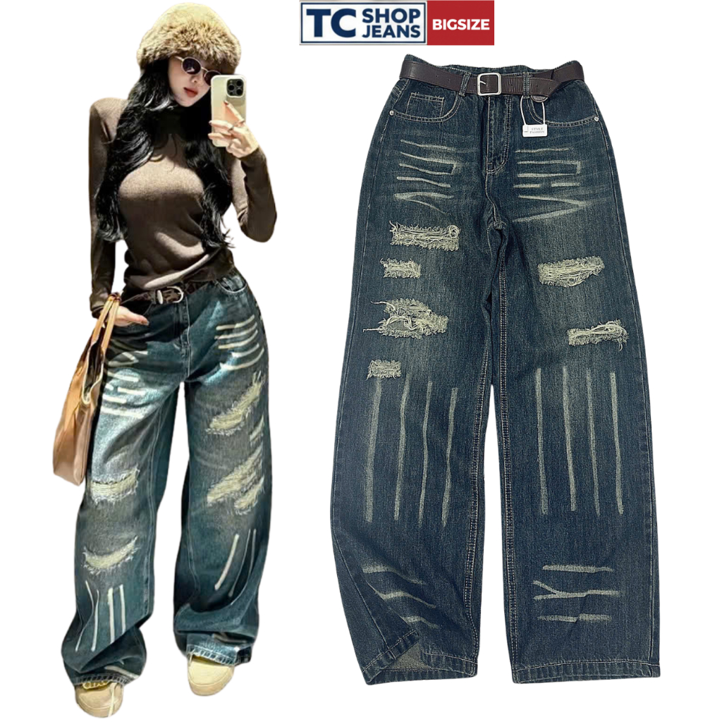 Quần jean ống rộng phiên bản lạ mắt cá tính TC SHOP JEANS bigsize 55-90kg  chất jean mềm MS 614