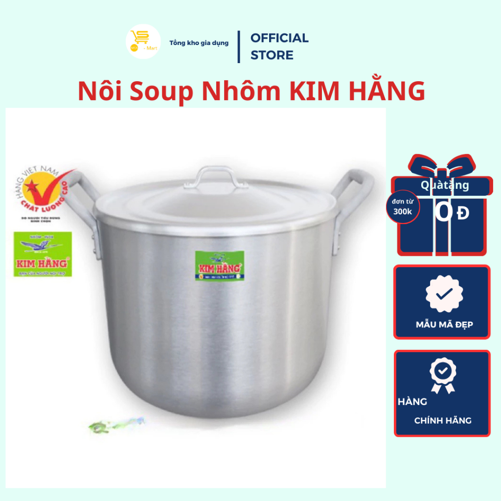 Nồi Nhôm Soup Pot Kim Hằng (32-40cm), Nồi Súp Nhôm Đáy Cao Kim Hằng Size Lớn Nấu Nước Lèo, Bánh Chưn