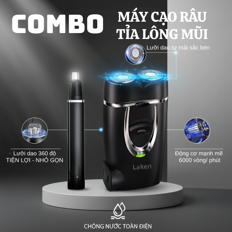 Bộ máy cạo râu 2 đầu lưỡi cạo nổi linh hoạt và máy tỉa lông mũi động cơ mạnh mẽ, chống nước công suấ
