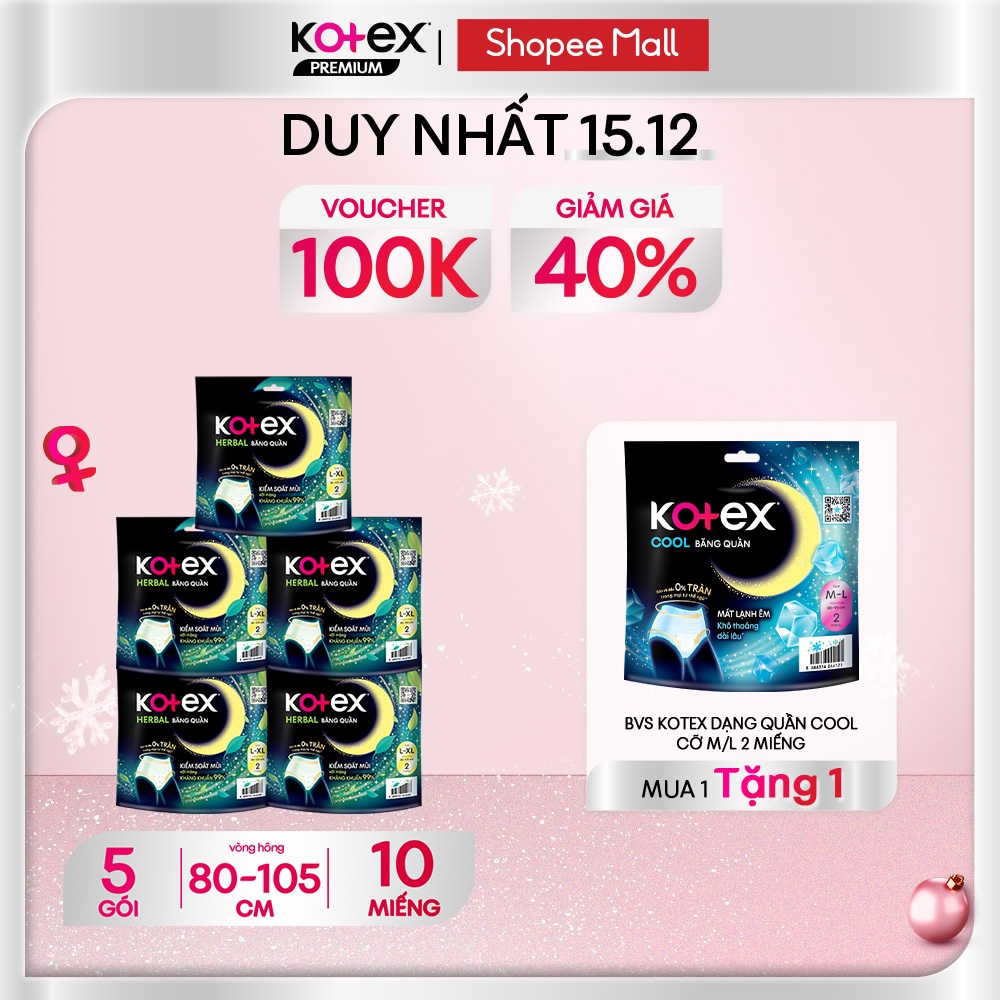   KOL Live  Combo 5 gói Băng vệ sinh Kotex Ban Đêm dạng quần Herbal cỡ L XL 2 miếng 