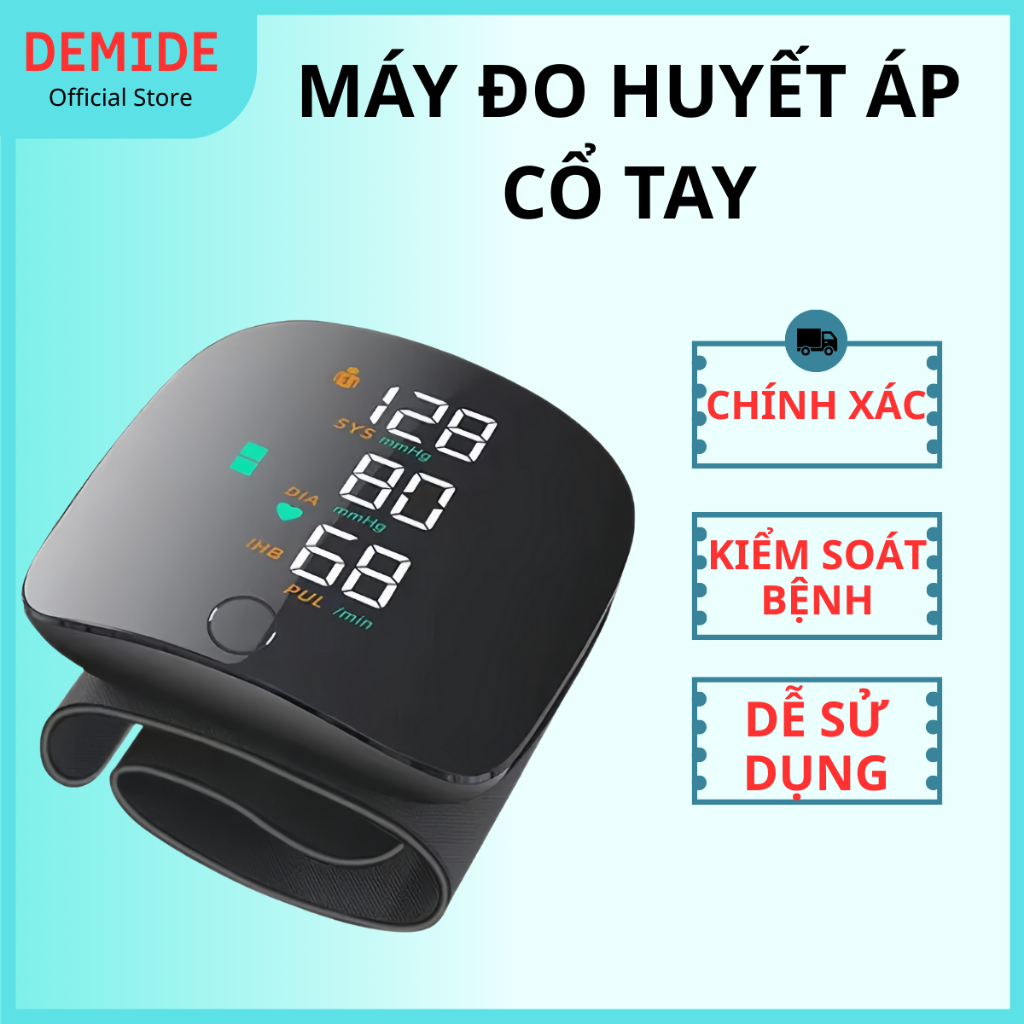 Máy đo huyết áp cổ tay màn hình LED DEMIDE, thông báo kết quả bằng giọng nói bằng tiếng việt
