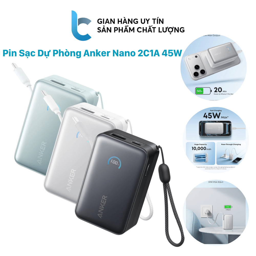 Pin Sạc Dự Phòng Anker Nano 2C1A 45W 10.000mAh (Sẵn cáp rút USB-C) Sạc 3 Thiết Bị A1638
