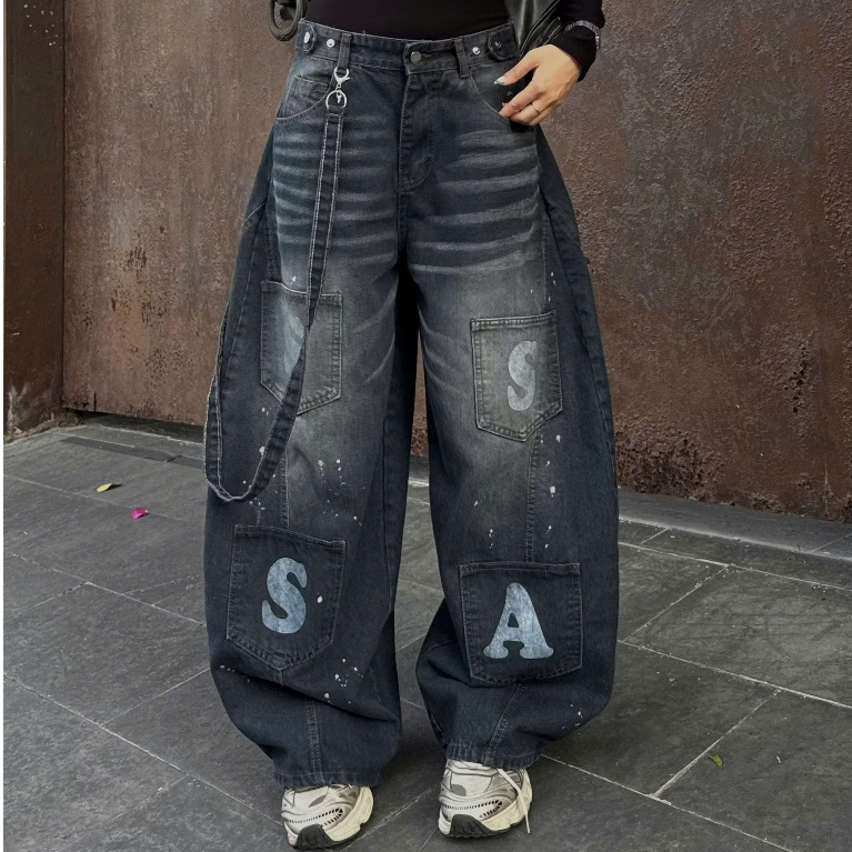 QUẦN JEANS PHỐI TÚI ĐEO CHÉO THÁO RỜI PREMIUM FORM RỘNG TÔN DÁNG NAM NỮ ĐAI SIẾT EO | SSSTORE.AESTHETIC | BigBuy360 - bigbuy360.vn