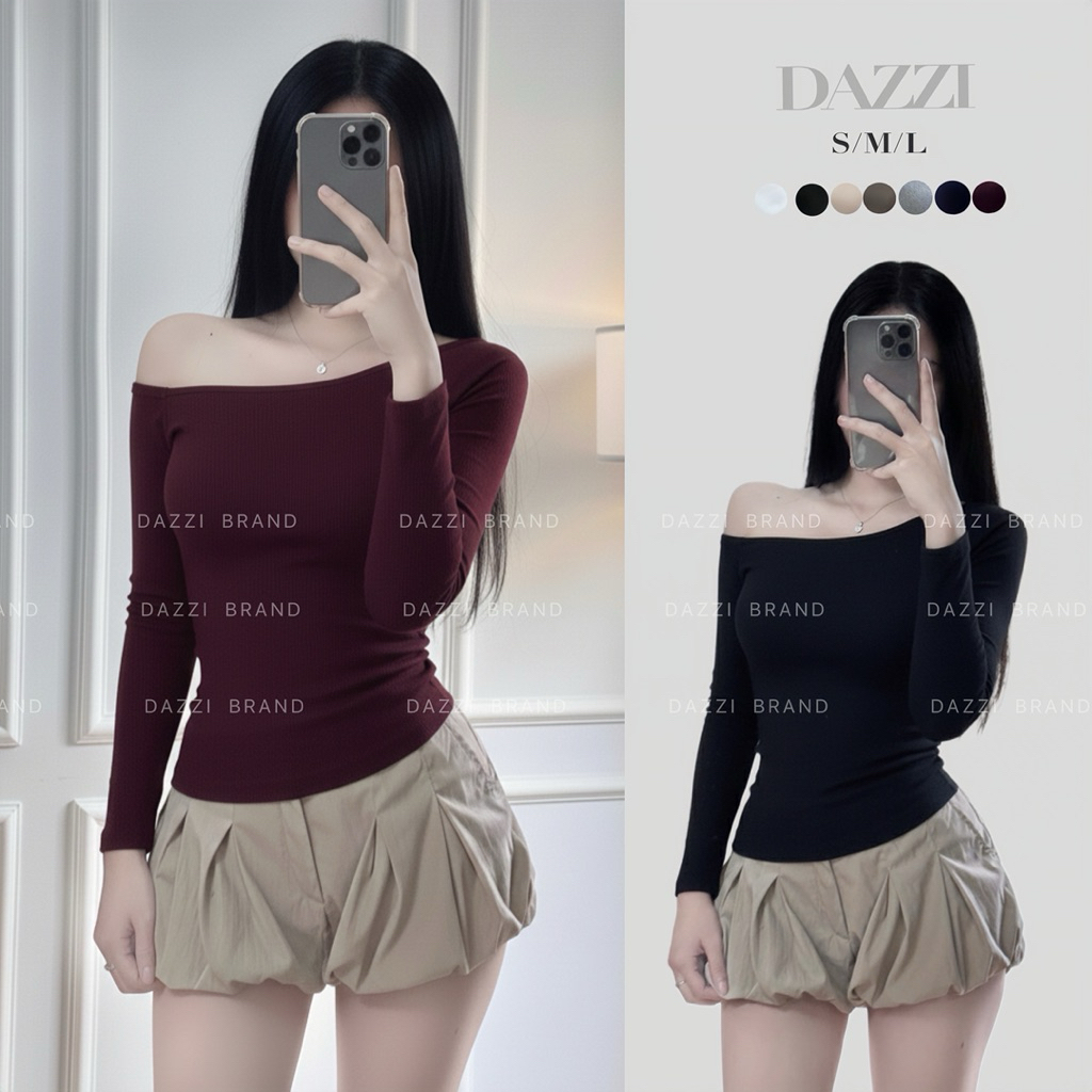 Áo thun nữ lệch vai tay dài DAZZI BRAND form ôm body,áo babytee tay dài vải cotton co dãn 4 chiều A0