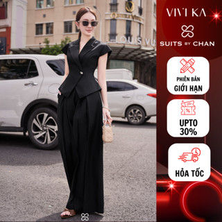  Set đồ nữ thiết kế Nerina SUITS BY CHAN combo áo kiểu cổ vest phối nơ quần dài ống rộng xếp ly công sở Tết 2026 