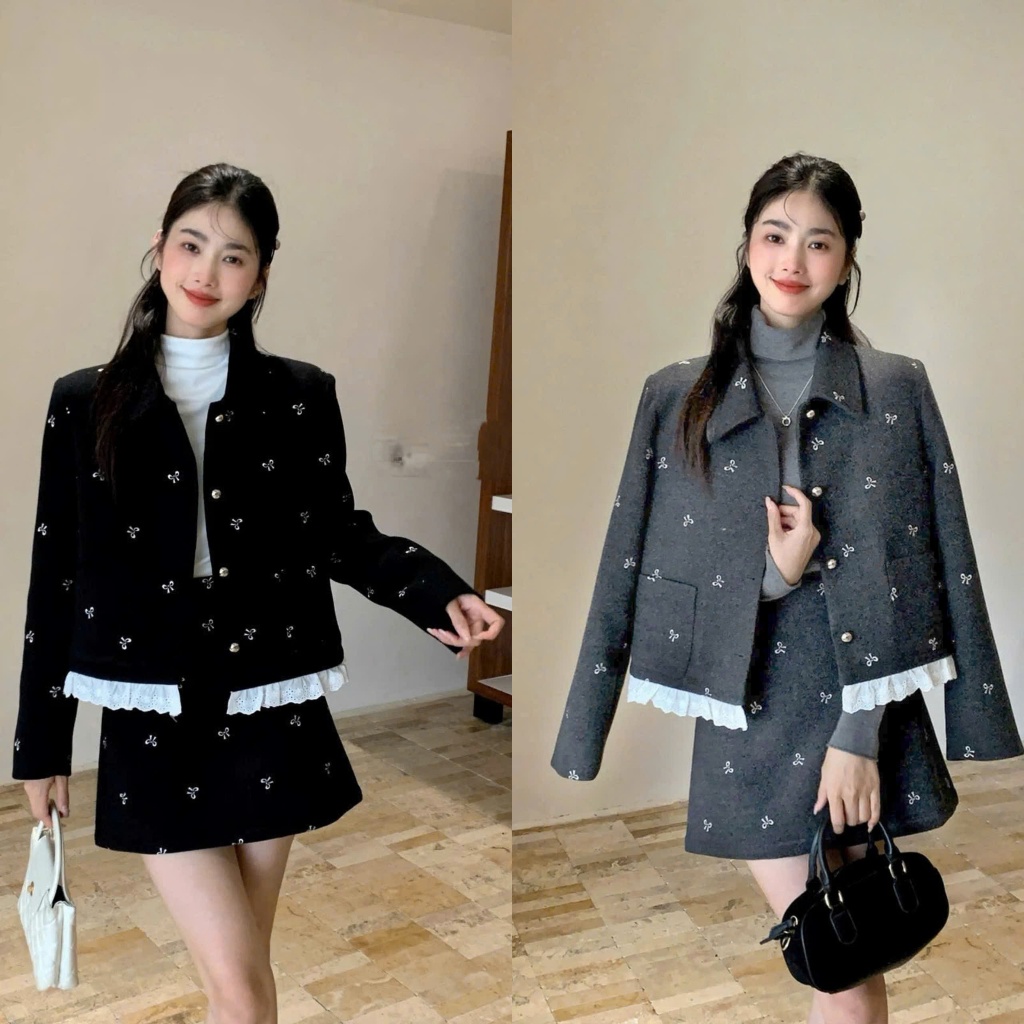 (Hàng Shop): Set Váy Dạ 2 Màu Hoạ Tiết Nơ Trắng Cổ Đức Cúc Tròn Tráng Gương Bèo Gấu Phối Chân Ngắn-Ả