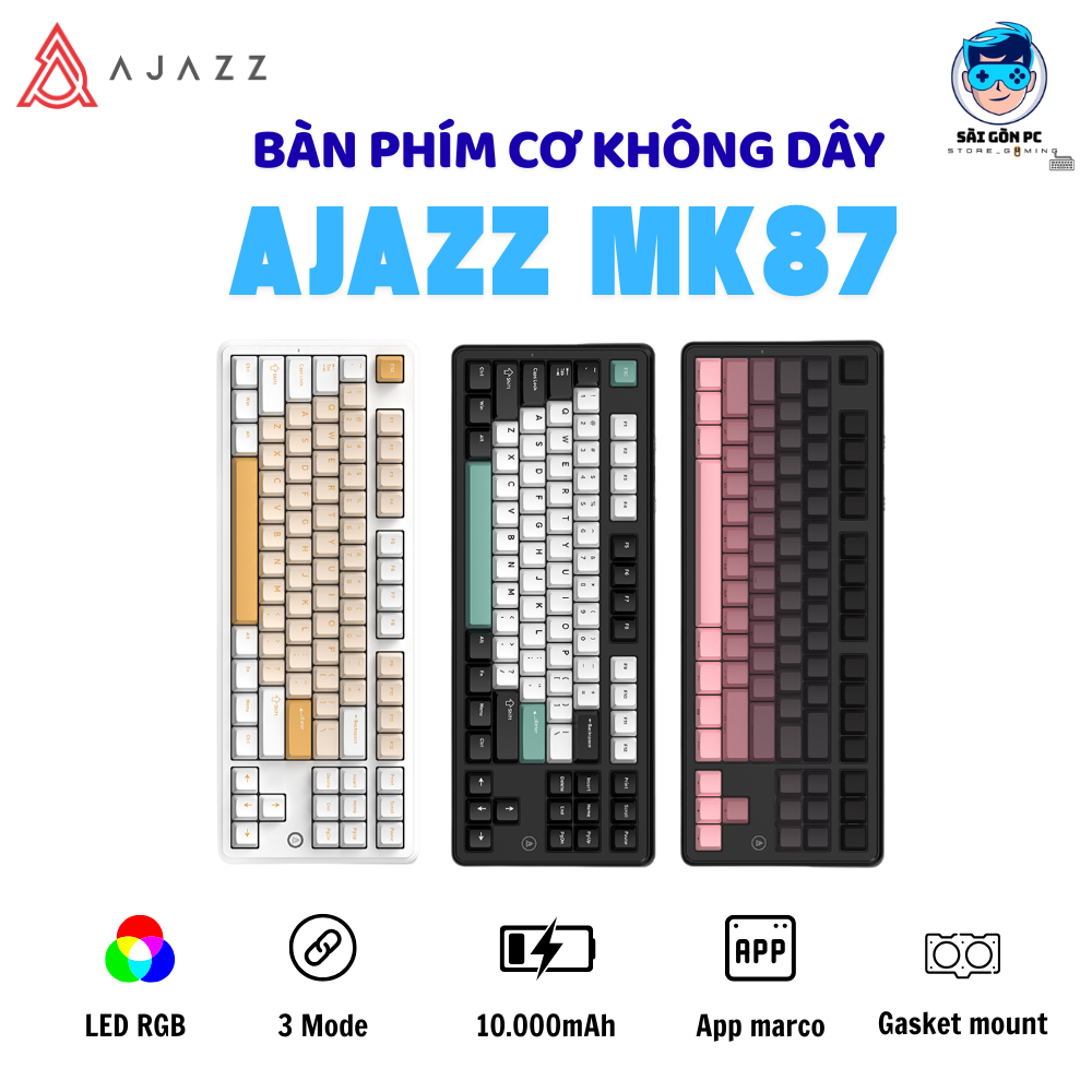 Bàn phím cơ không dây Ajazz MK87 - Mạch xuôi - LED RGB - Gasketmount - Núm xoay - Pin 10000mah
