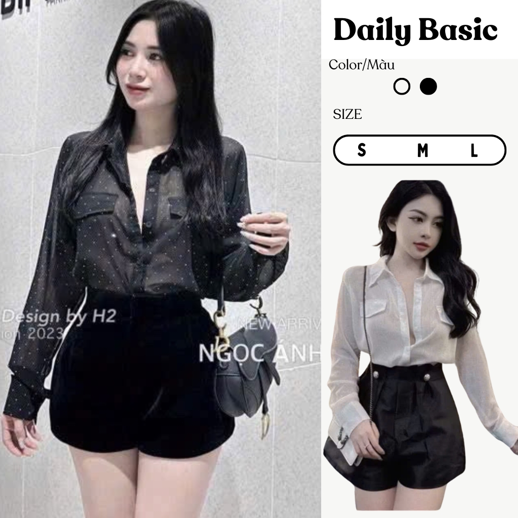 Áo Sơ Mi Dài Tay Đính Đá Xuyên Thấu sexy , Áo Sơ Mi Tay Dài Form Rộng Vạt Bầu Phối Túi Giả Bling Bli