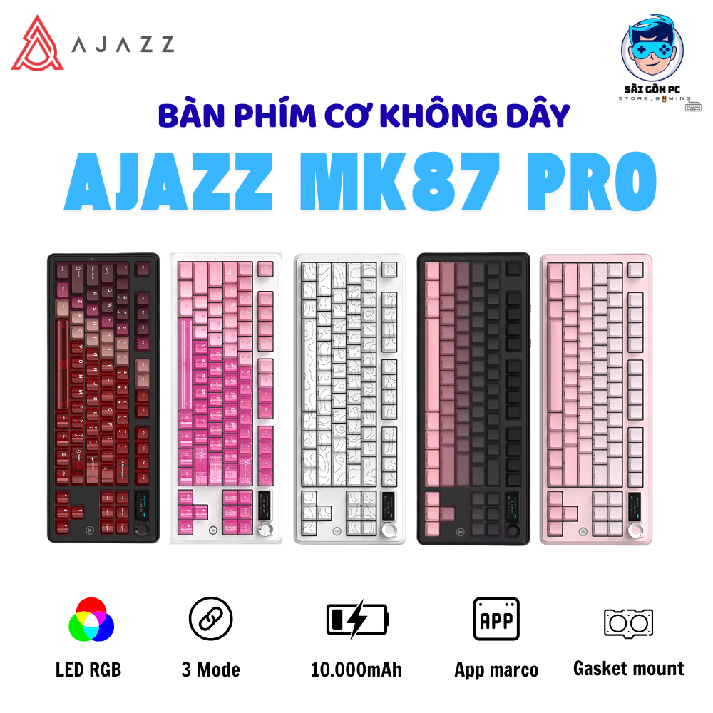 Bàn phím cơ không dây Ajazz MK87 Pro - Mạch xuôi - Màn hình TFT - LED RGB - Gasketmount - Núm xoay -