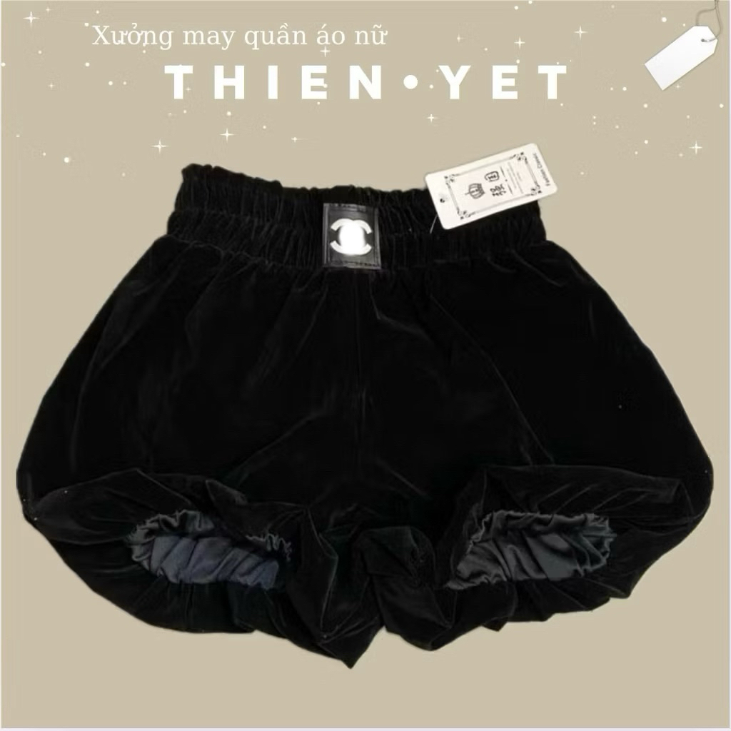 Quần short đùi BÍ NHUNG   logo CHA  NEL  X   ống bí ngô phồng dày dặn đai thun dáng ngắn đi chơi nữ - Thiên Yết 