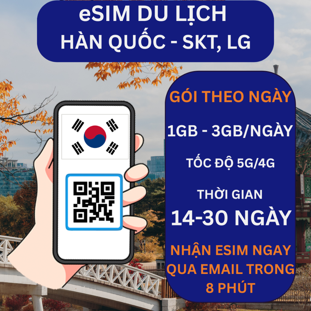 eSIM Hàn Quốc 5G/4G, mạng SK Telecom, gói dài ngày, 1GB,2GB,3GB/ngày