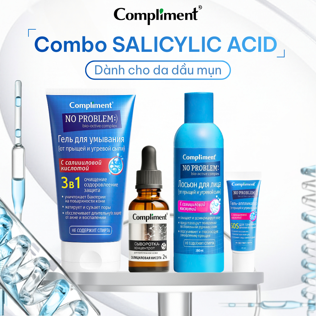 Combo Compliment BHA Salicylic Acid (SRM, Toner, Serum) Giảm Mụn, Mờ Thâm & Cấp Ẩm Cho Da Dầu