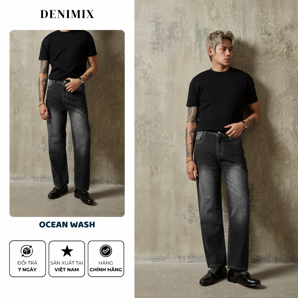 Quần jean nam DENIMIX dáng suông rộng màu đen Retro Black , form Straight thoải mái, có BigSize