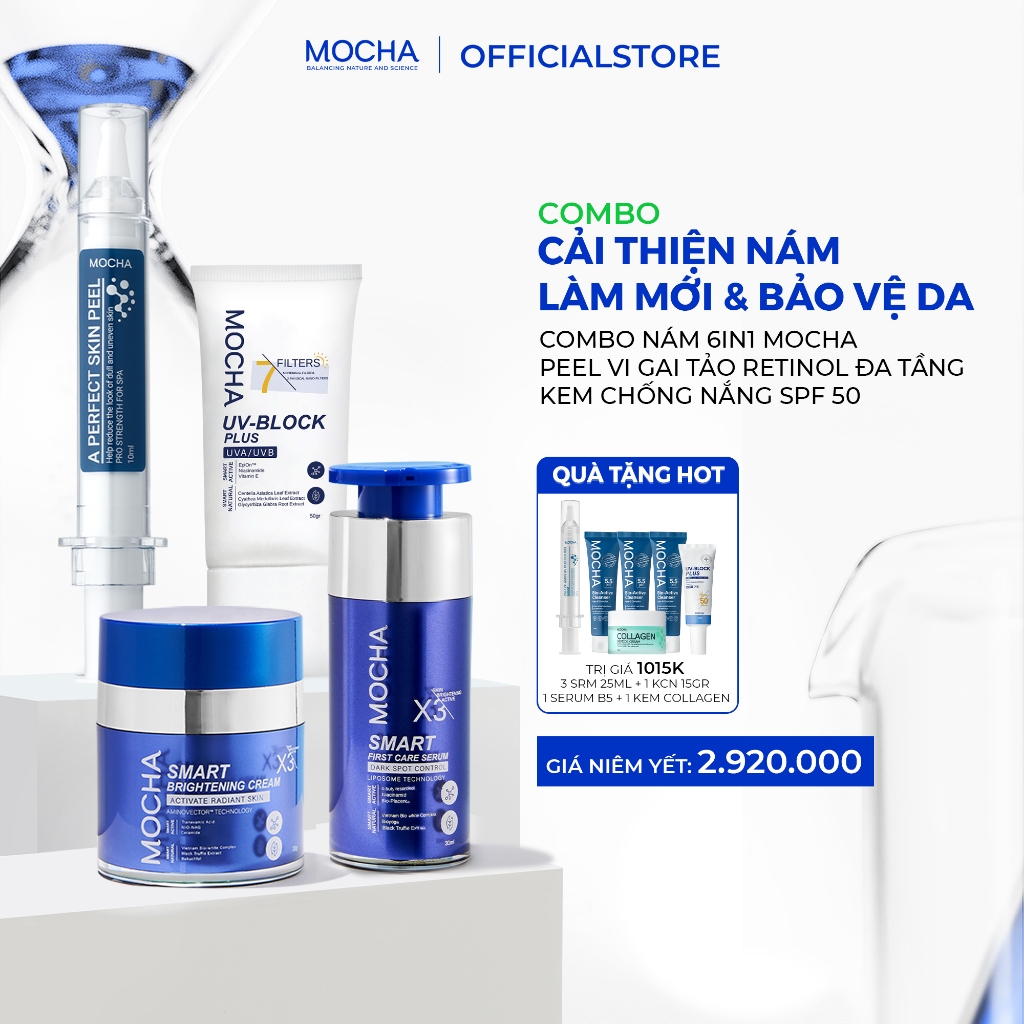 Combo Chăm Da Chuyên Sâu Mocha: 1 Peel Da + Kem Nám + Serum Nám + 1 Kem Chống Nắng Mocha Chính Hãng