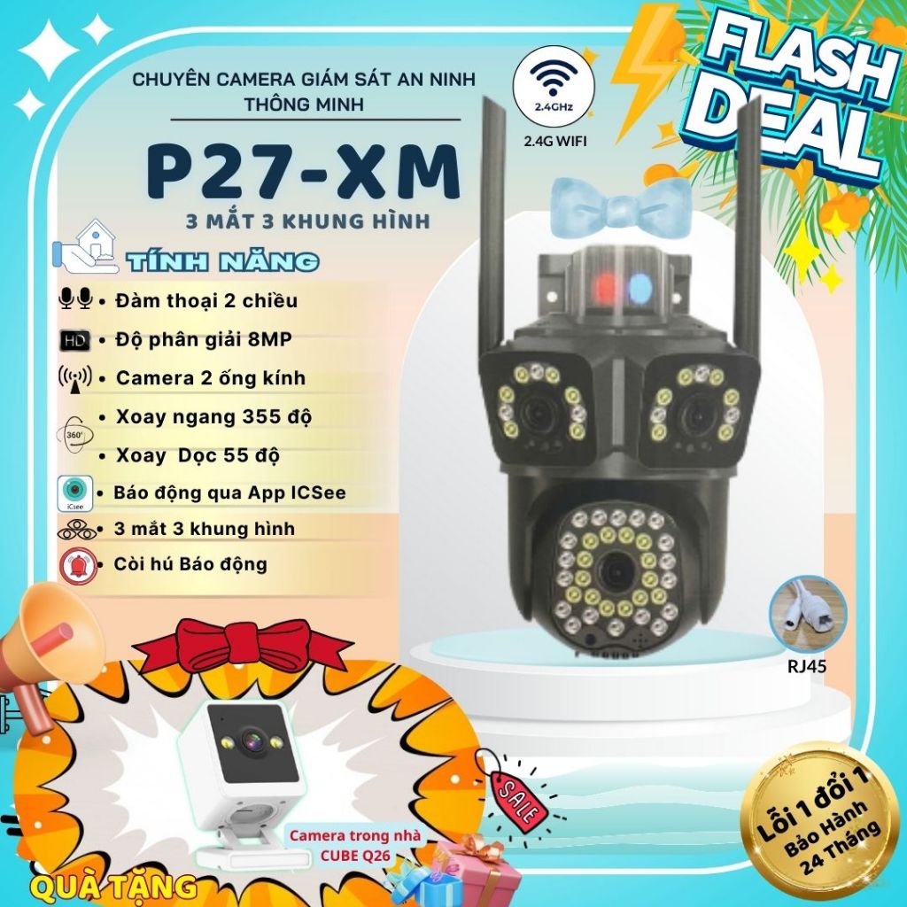 (Tặng Camera CuBe-Q26 Trong nhà) Cameras giám sát iCSee P27-XM -3 Mắt 3 khunghinh Báo động phát hiện