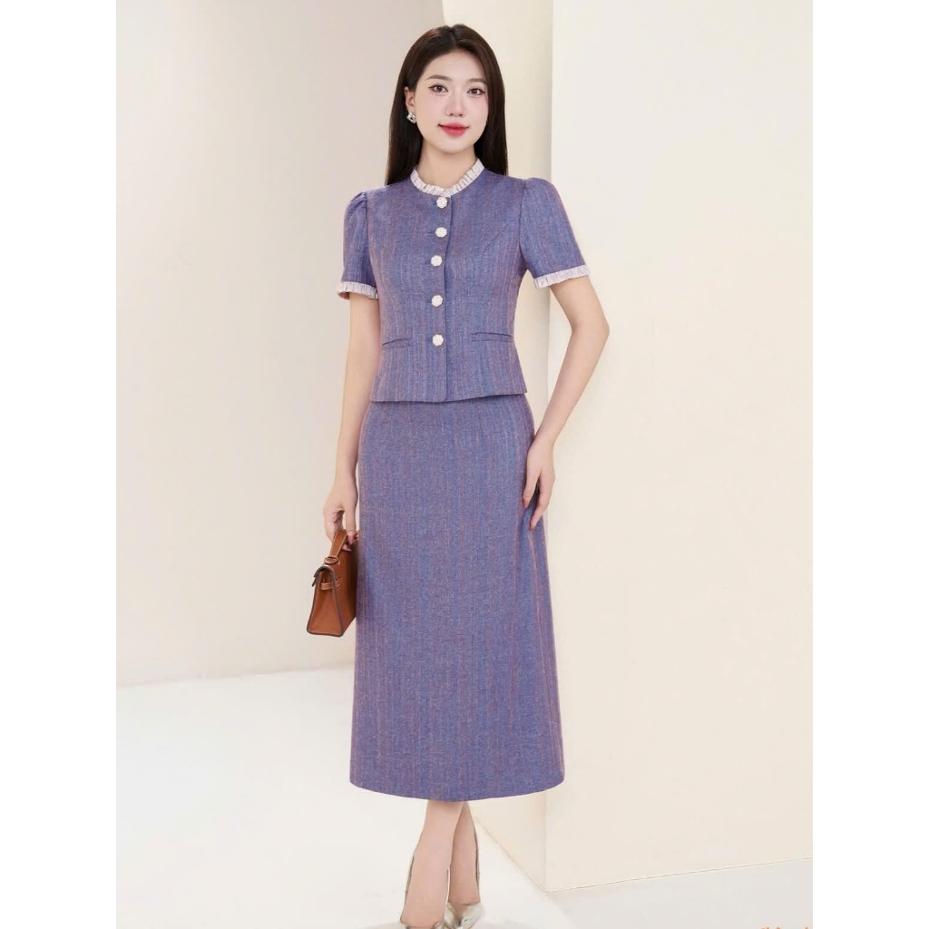 Set bộ áo ký giả công sở,gồm 1 áo ký giả + chân váy dáng A, ST06 tím YameLT