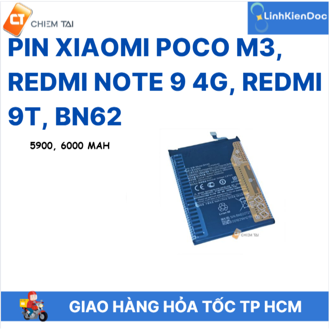 Pin Poco M3, Redmi Note 9 4G, Redmi 9T, BN62 5900, 6000 mAh