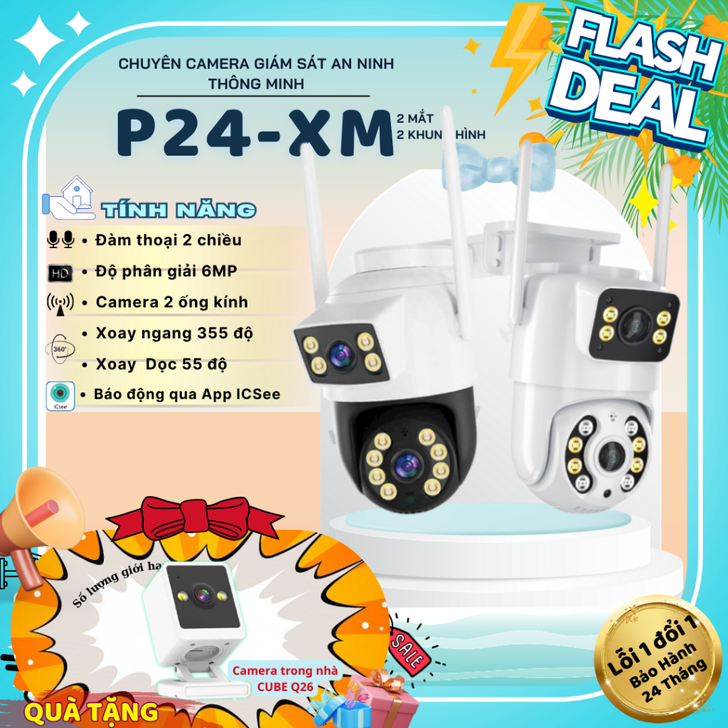 (Tặng Camera CuBe-Q26 Trong nhà) Cameras giám sát iCSee P24-XM -2 Mắt 2 khunghinh Báo động phát hiện