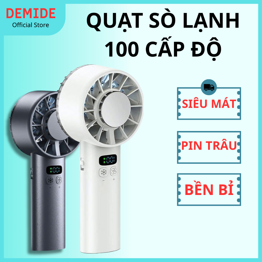 Quạt cầm tay tốc độ cao turbo DEMIDE 120 cấp độ gió quạt mini gió mạnh lượng pin lớn có màn hình